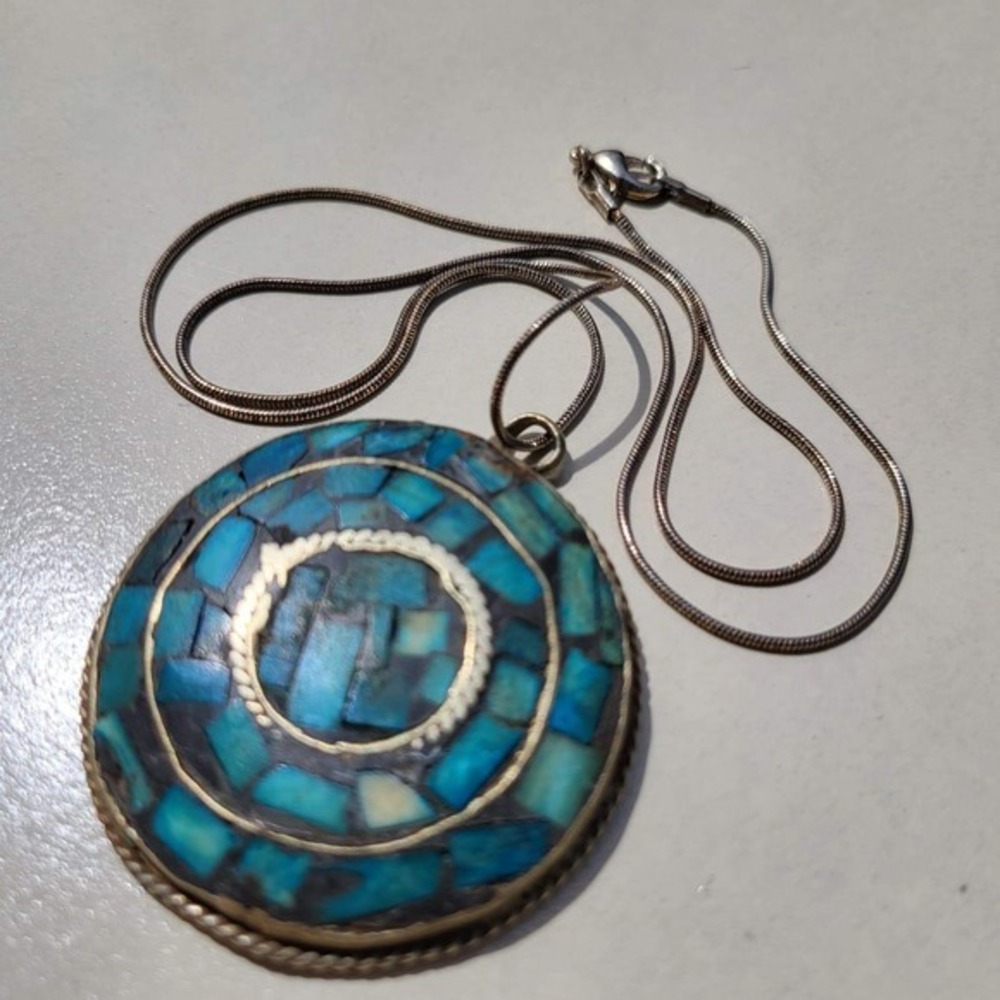 Vintage Mosaic Pendant Necklace Turquoise Blue Boho Round Medallion Silver Chain